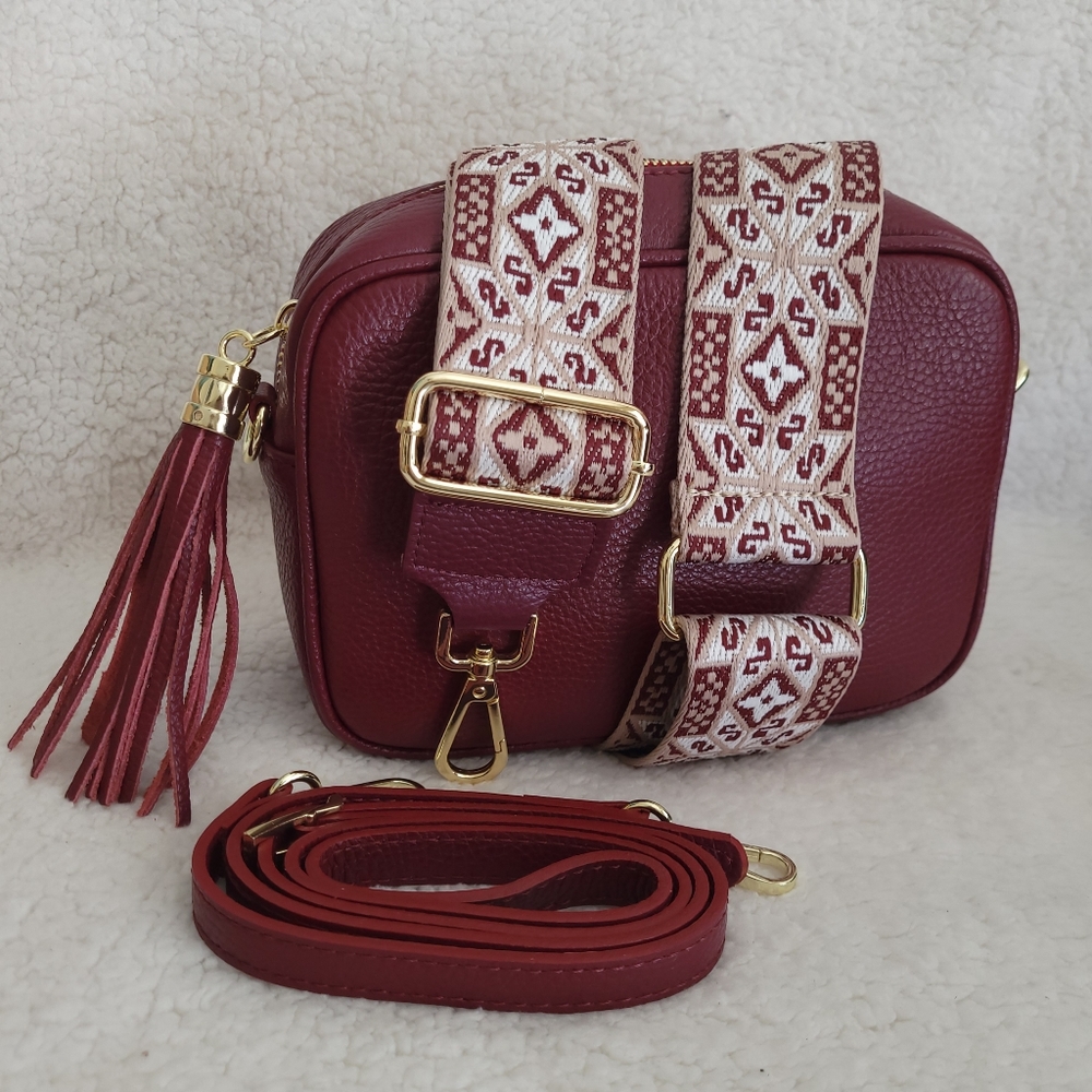 Brand New! Genuine Borse Pelle Italian Red Leather Camera Bag